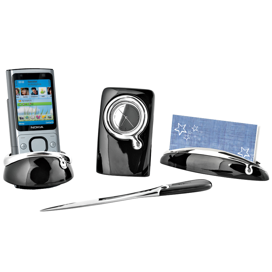 Набор настольный: часы, подставки для  визиток и для мобильного телефона и нож для вскрытия корреспонденции; черный; 23х13,5х4,7см; металл