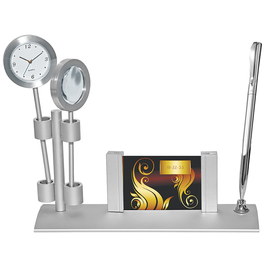 Прибор настольный с часами и лупой; 21,3х6,5х11 см; металл; лазерная гравировка
