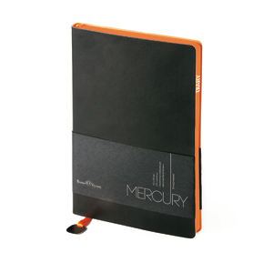 Ежедневник недатированный Mercury, черный, А5, белый блок, оранжевый обрез, ляссе с шильдом