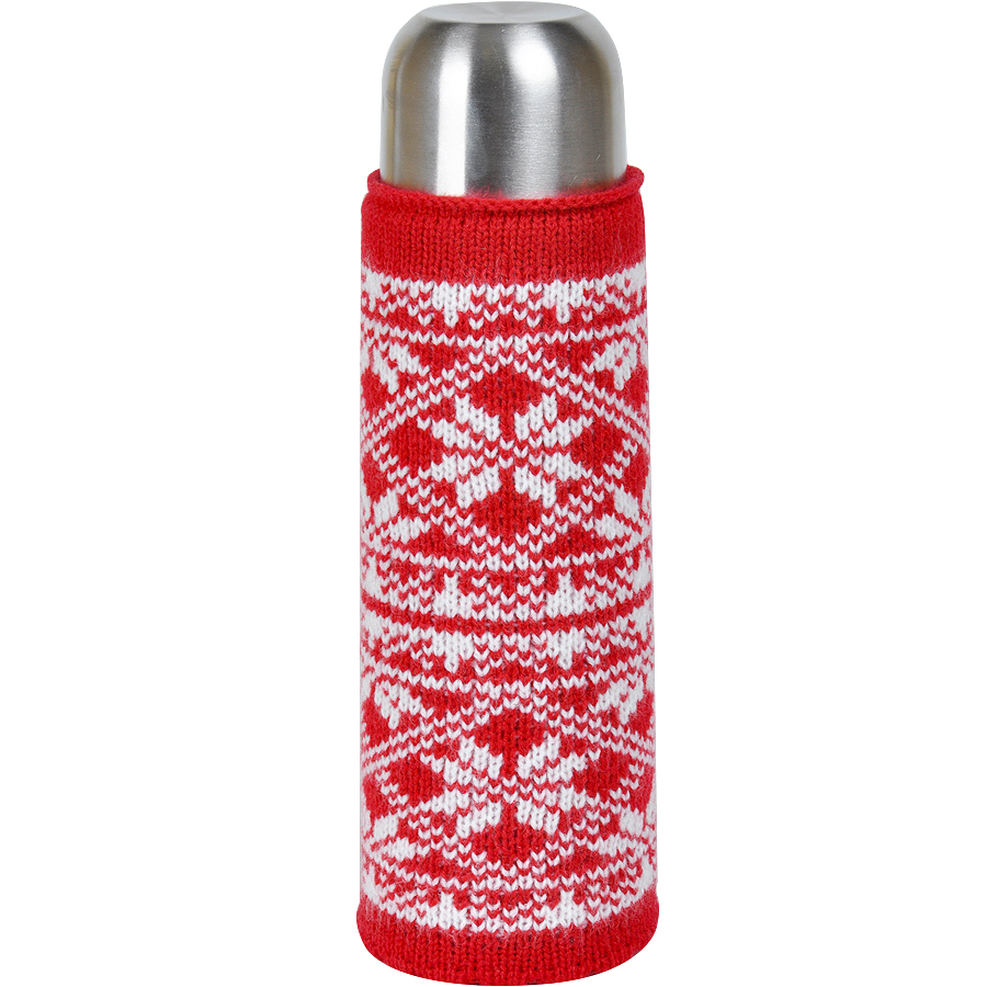 Чехол  вязаный  на бутылку/термос "Зимний орнамент",  красный, акрил,  шеврон